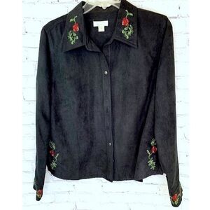 Christopher & Banks Ultrasuede Flower Button Top L